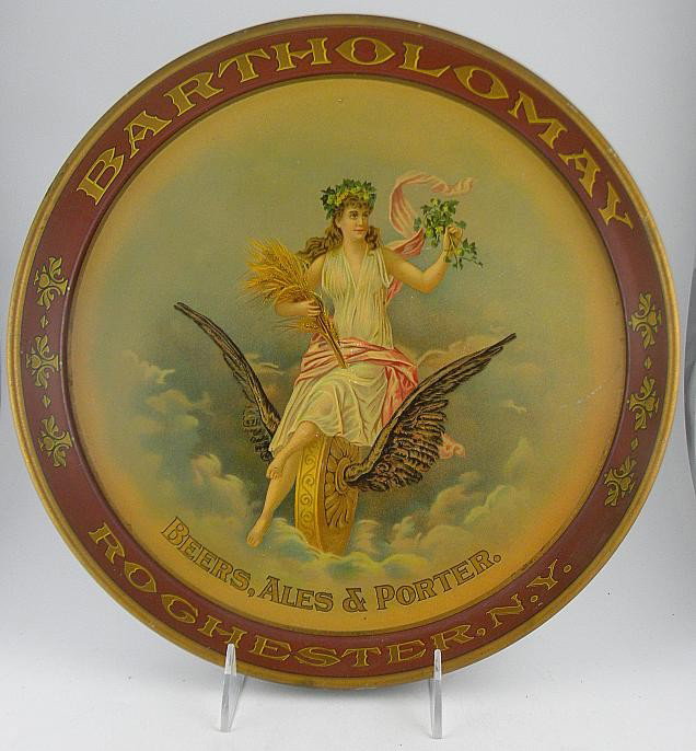 Exceptional BARTHOLOMAY Beer Tray Woman Winged Whe: Exceptional BARTHOLOMAY beer tray, with their logo of a pretty Woman on a winged wheel. From Rochester, New York.Tray is very clean on front, as pictured. Has some very light, minor surface scuffs, do