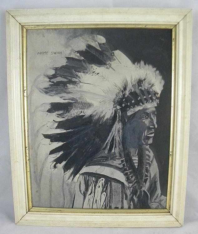 Gouache On Paper Painting Of Indian Chief White Swa: Gouache On Paper Painting Of Indian Chief White Swan, unsigned, measures 14" x 11". My guess is circa 1940's or so...