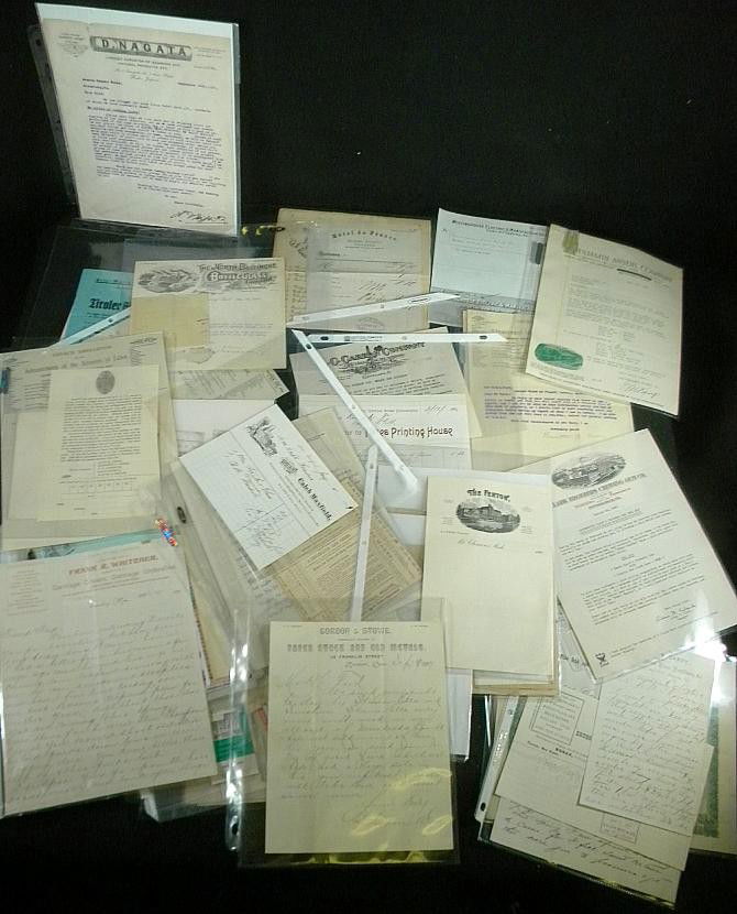 Lot of Early Advertising: Lot of early advertising including billheads, receipts, correspondence; Clark Brothers Chewing Gum Co, Johnson & Johnson, Westinghouse Electric & Manufacturing Co, church associations, hotels, realtor