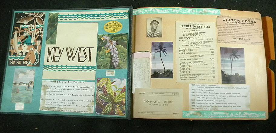 Early Key West and Cuba Scrapbook: Early Key West and Cuba scrapbook including post cards, brochures, business cards, newspaper articles, toll tickets, menu, cutouts, and more, as pictured
