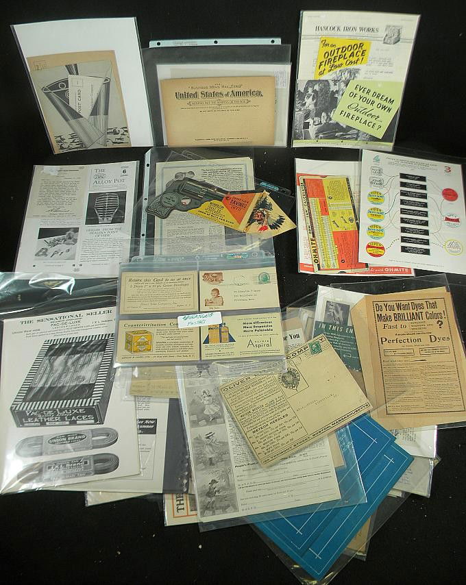 Early Advertising Lot Postcards Pamphlets Etc: Great early advertising lot including price lists, post cards, order sheets, envelopes, pamphlets, and more, advertisements for cards, land, Berthiot Camera, shoe dyeing, shoe laces, iron works, Cram'