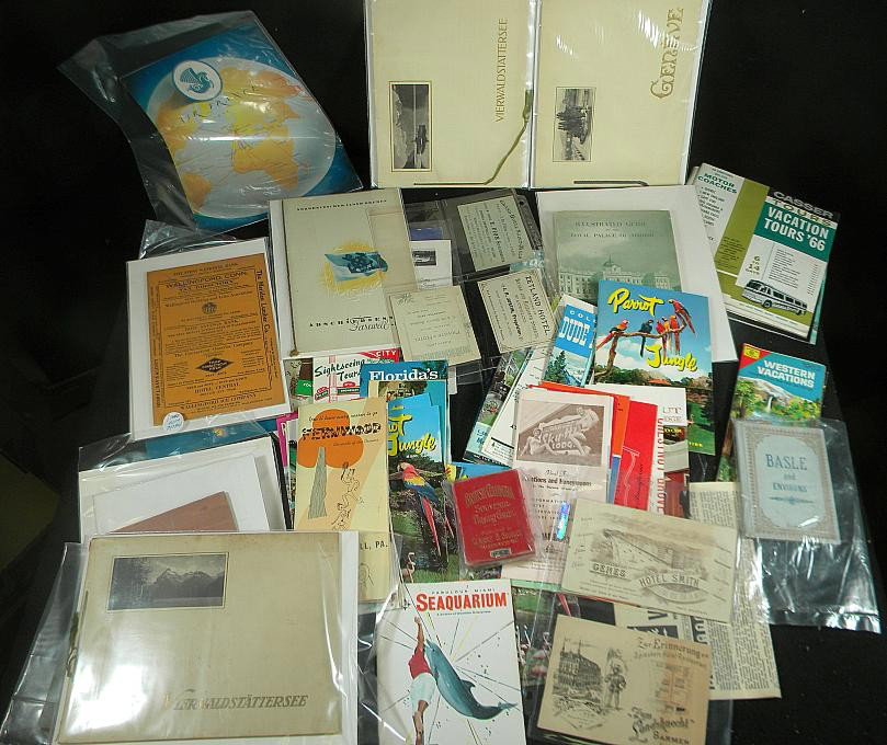 Boxlot Early Travel Ephemera Booklets Pamphlets Et: Boxlot of early travel ephemera foreign and american, including playing cards, booklets, pamphlets, brochures, guides, menus, souvenir books, of bus tours, cruises, sightseeing, hotels, ranches, as pi