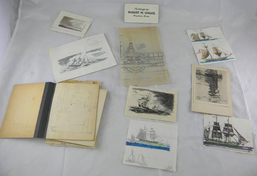 Small Lot Robert M Goode Paintings & Sketches Etc: Small lot of Artist Robert M. Goode small drawings, sketch book, and small watercolors, as pictured.