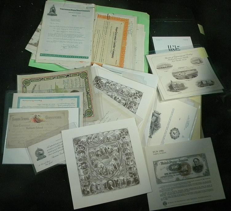 Lot of Early Bank Notes Co. & Misc Ephemera: Lot of bank note company and misc ephemera including stamp cards, letters, souvenir cards, intaglio prints, stock certificate samples, Boy Scout certificate, Sabbath School certificate, and others, as