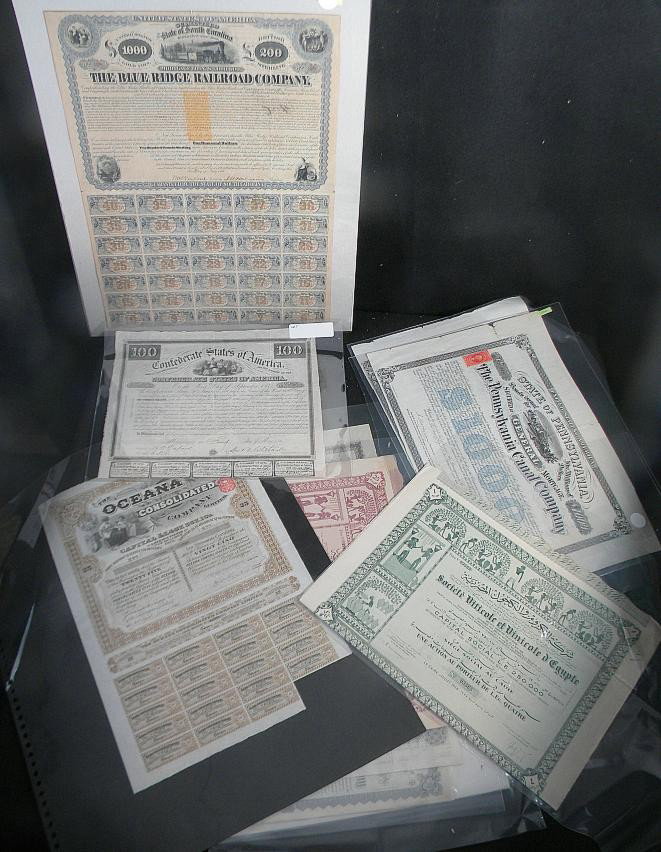 Lot of Old Large Format Bonds Railroad, etc.: Lot of large format bonds, mid 1800's-early 1900's, including First Consolidated Convertible Mortgage Bond of 1904 of the Rome, Wtertown and Ogdensburgh Rail Road Co, City of Virginia Water Bonds, NY 