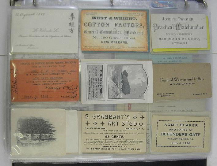 Album Of 19th C Business Cards: Album of turn of the Century and early 1900's business cards, varied occupations. Included early PRIME BEEF, Philadelphia, Pa., and some foreign. Some tickets in lot also.