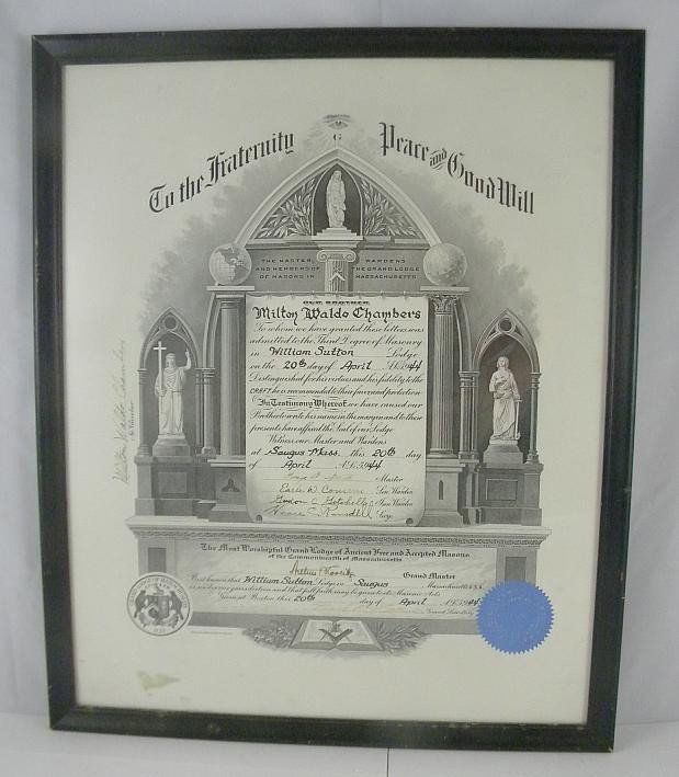 Early Massachusetts Masonic Certificate: Early Massachusetts masonic certificate in frame, from William Sutton Lodge in Saugus, Massachusetts, frame measures 18" x 15", as pictured
