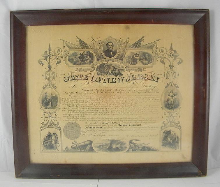 New Jersey Testimonial 1866 signed by Governor: State of New Jersey Honorable Testimonial signed by Governor Marcus L Ward, July 4, 1866, has some foxing, in frame, frame measures17 3/4" x 20 3/4", as pictured. Marcus L. Ward 3rd Chair of the Repub