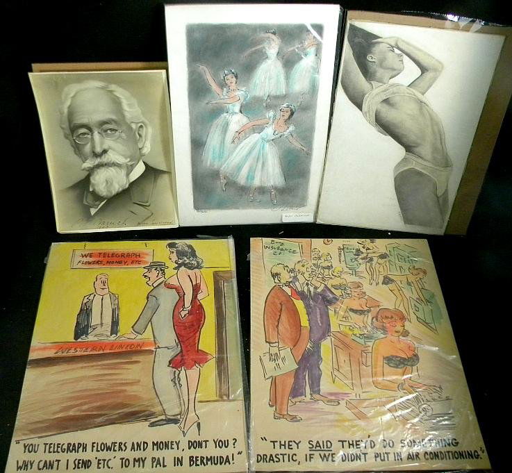Lot of Misc. Illustrations, Advertising, Etc.: Lot of 5 illustrations and advertising including portrait of gentleman, ballerinas, drawing of Calvin Klein model, and 2 watercolor girlie cartoon illustrations, as pictured