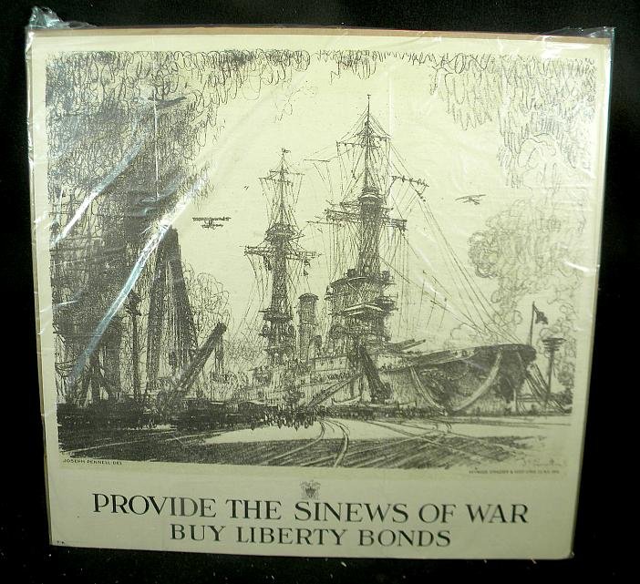 WWI Poster by Joseph Pennell 1918: WWI poster Provide The Sinews Of War Buy Liberty Bonds by Joseph Pennell 1918, Heywood Strasser & Voight Litho Co NY, planes and battleships, measures 20" x 21",as pictured