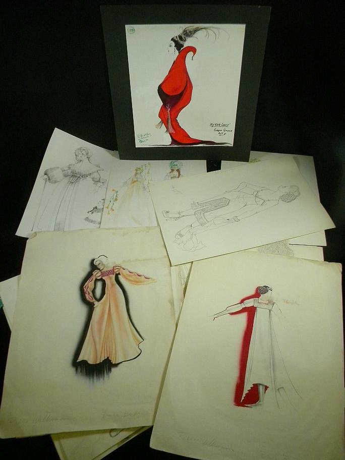 Costume Fashion Design Illustrations Exotic Dance: lot of original costume design illustrations from estate of exotic dancers Tito & Corrine Valdez. Some are signed J Wood, Bruce Becker, Marta Gretel, and others. Quite a few done in pencil in this lot