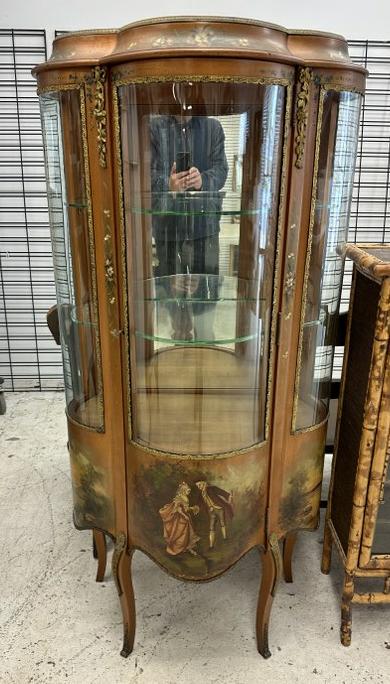 George Flynt & Co. New York curved curio cabinet with painted scenes on front and sides, brss trim & (1 of 6)