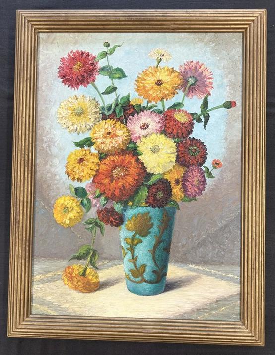 Circa 1930's o/c floral still life, from Hudson Valley estate. ( Looks like Woodstock, N.Y. Artist (1 of 3)