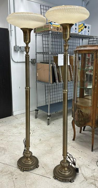 Nice pair of 1920's torchere lamps in wonderful condition, brass plated with ribbed shades, measure (1 of 5)