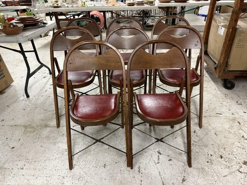 (8) circa 1940's folding chairs in nice found condition, used in seating room of old Funeral Home, (1 of 3)