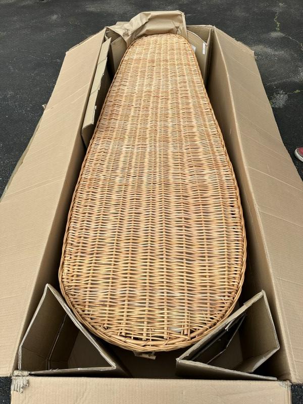 New wicker coffin in original shipping box, made by ( PASSAGES INTERNATIONAL INC. ), from storage (1 of 6)