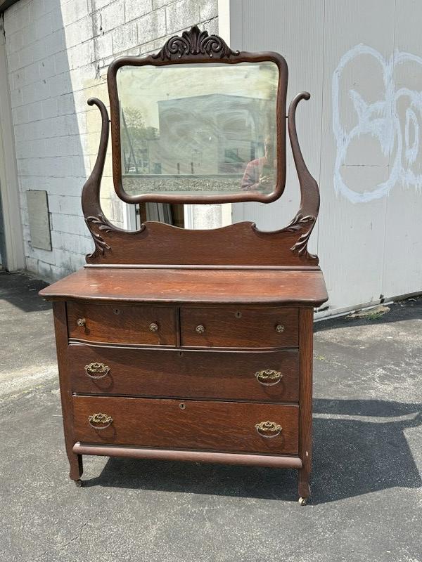 Circa 1910 oak quarter sewn oak dresser with mirror, from Hudson Valley estate, structurally sound, (1 of 4)