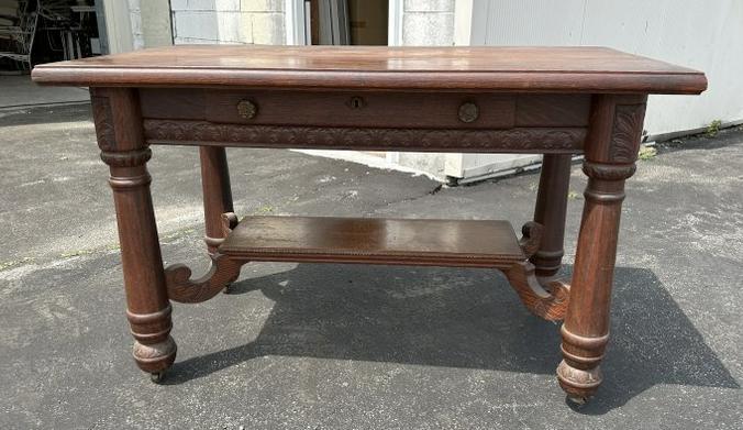 Circa 1900 oak one drawer library table or desk, from Hudson Valley estate, nice carved apron with (1 of 4)