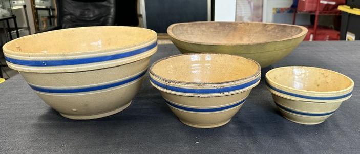 ( 4 ) pc. Country lot to include (3) old yelloware bowls with blue bands & wonderful wood bowl with (1 of 5)