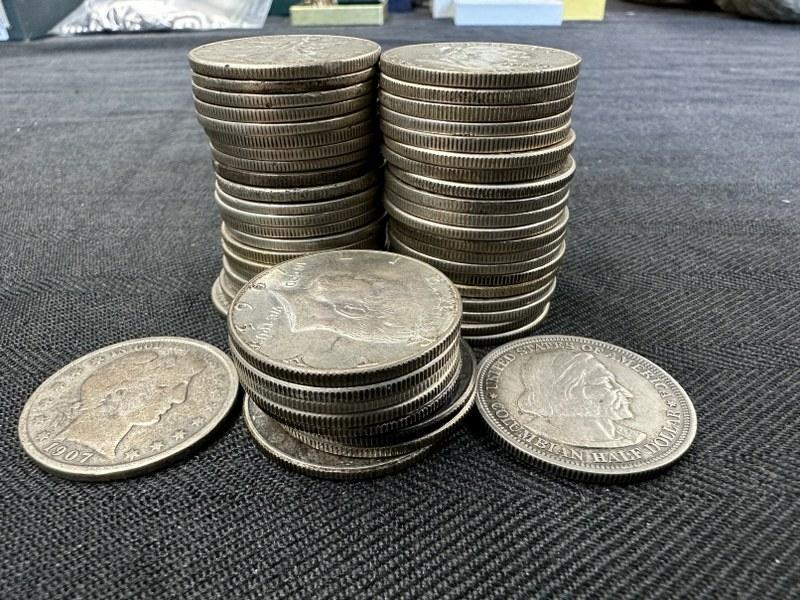 ( 51 ) silver half dollars from local estate, includes (1) 1907, (1) Columbian Exposition, (8) (1 of 2)