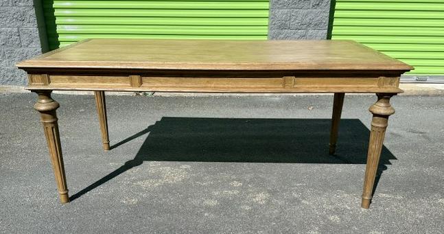 Wonderful oak ( 2 ) drawer work - dining table with tapered legs, clean, structurally sound, nice: Wonderful oak ( 2 ) drawer work - dining table with tapered legs, clean, structurally sound, nice finish & patina. From fine Huson Valley home, measures 70" x 37" x 31.5" high, a quality tableâ€¦.
