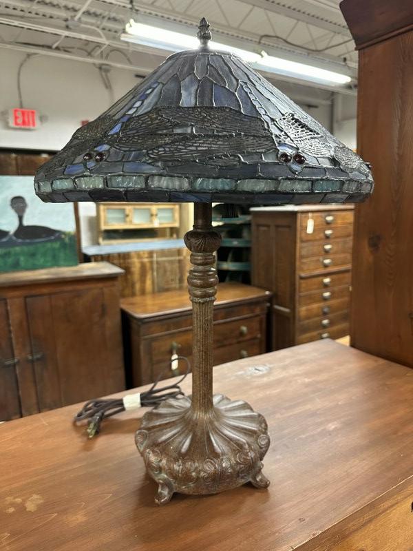Reproduced Tiffany style dragonfly table lamp, from local estate, nice working order, measures 23" (1 of 3)