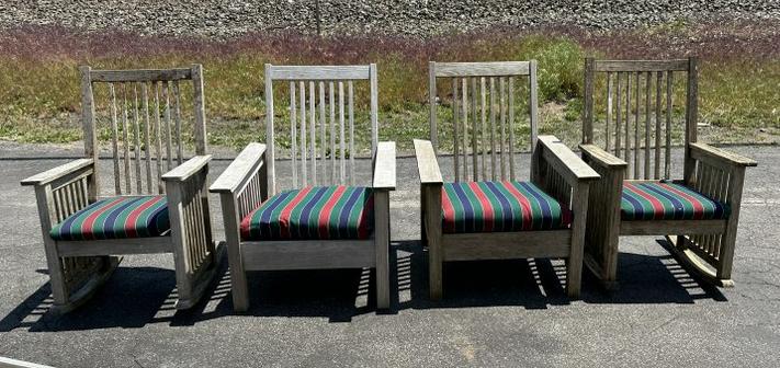 4 WEATHERED TEAK OUTDOOR CHAIRS INCLUDING A PAIR OF ROCKERS AND A PAIR OF ARMCHAIRS, MADE BY WOOD (1 of 4)