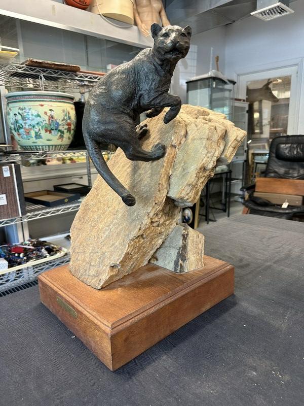 Tim Whitworth bronze sculpture ( Rimrock Cougar ) mounted on large quartz rock on oak base, with (1 of 7)
