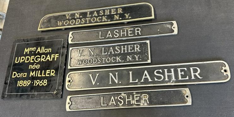 (5) old signs from Lasher's Funeral home in Woodstock, N.Y. One glass, one heavy brass with nickel (1 of 2)