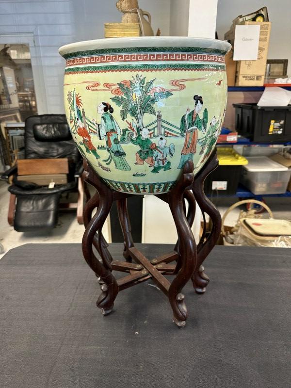Asian decorative jardinaire on folding stand, from local estate, jardinaire measures 12" high x 14" (1 of 6)