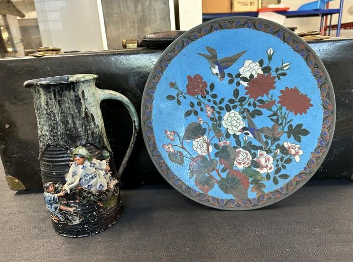 (2) pc. Asian estate lot to include cloisonne plate that measures 12" across in nice condition & 9" (1 of 9)