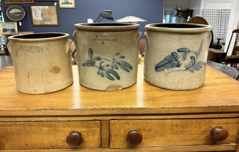 (3) blue decorated stoneware crocks including hard to find JJ CALLAGAN ROSENDALE NY ( has 2 chips as (1 of 9)