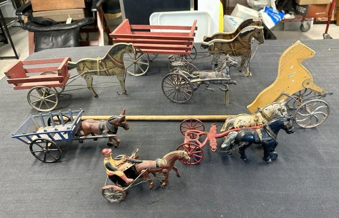 Estate lot early horse drawn toys and partial toys, iron, wood, some lithographed, (1) key wind race (1 of 9)