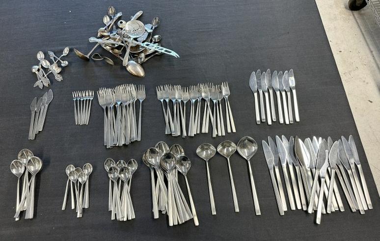 Estate lot flatware incl. large set of LUNDTOFTE Danish stainless steel, other misc. silver plate, (1 of 7)