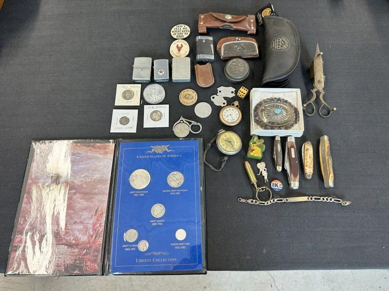 Misc. estate lot to incl. silver coins, lighters, knives including Shrade, sterling NAVAJO belt (1 of 10)