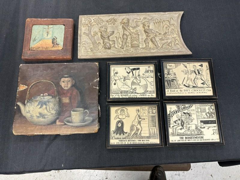 Estate art lot to include carved wood panel with cherubs measuring 8" x 19" - (4) John Held prints (1 of 7)