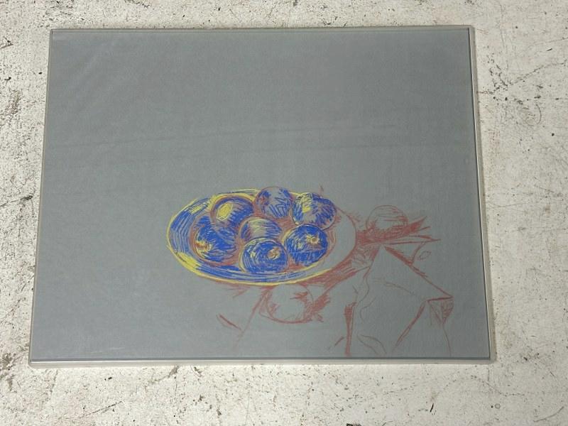 Michael Egan still life drawing, 1985, signed on back, in nice plexiglass frame, frame measures (1 of 2)