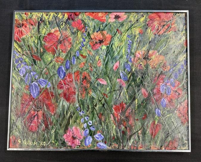 Scrappy Hutton Yallum o/c floral still life titled ( Garden Flowers ) 1989, signed front & back, (1 of 2)