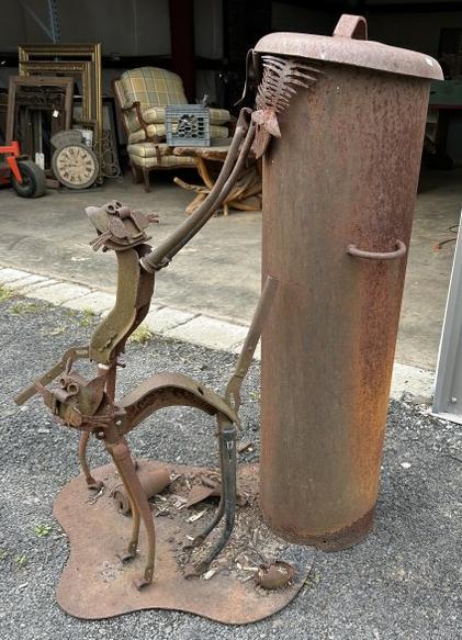 Outsider Art garden sculpture of (2) cats trying to get fish bones from garbage receptacle. From (1 of 5)