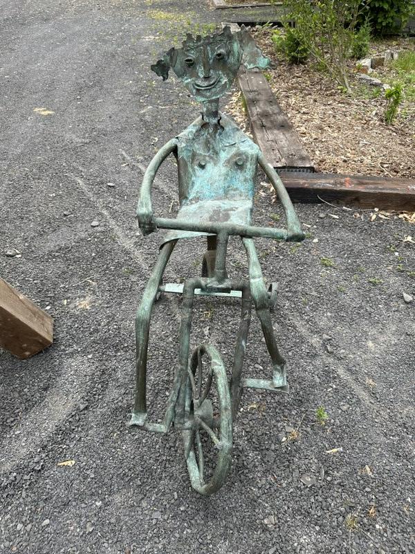 Outsider Art garden copper sculpture of a girl on a bicycle. From gardens in Saugerties, N.Y., maker (1 of 4)