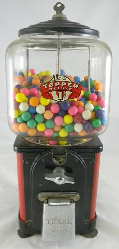 Old TOPPER DELUXE One Cent Gumball Machine: Nice old Topper Deluxe gumball machine, nice working condition, with old gumballs. Paint on the metal is fine, as is the glass. Measures 16" high.