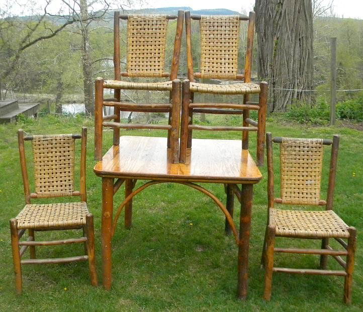Vintage OLD HICKORY Dining Table & 4 Chairs: We were fortunate enough to discover an old camp in the Hudson Valley with a hoard of OLD HICKORY furniture. This is a table with 4 original Old Hickory chairs. The table top measures 36" x 36", and i