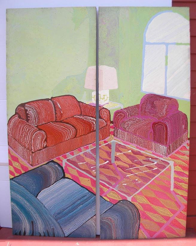 CHAM HENDON Acrylic On Canvas Diptych Titled BLUE C: From a retired NYC & Chicago Gallery owner's inventory. This is a CHAM HENDON acrylic on canvas, diptych, both canvases measure 60" x 46". It is titled BLUE CHAIR. ( Born 1936 ) had already decided on