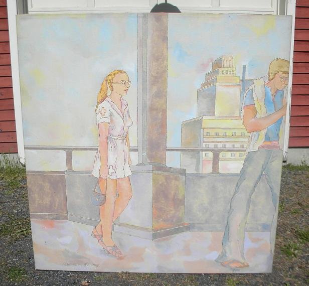 SUSAN HALL O/C "HELP IS ON THE WAY" 1971: From the collection of a well known NYC & Chicago art gallery owner, who retired a few years back. SUSAN HALL O/C "HELP IS ON THE WAY" 1971, measures 56" x 33". Susan Hall was born in Ann Arbor, Michi