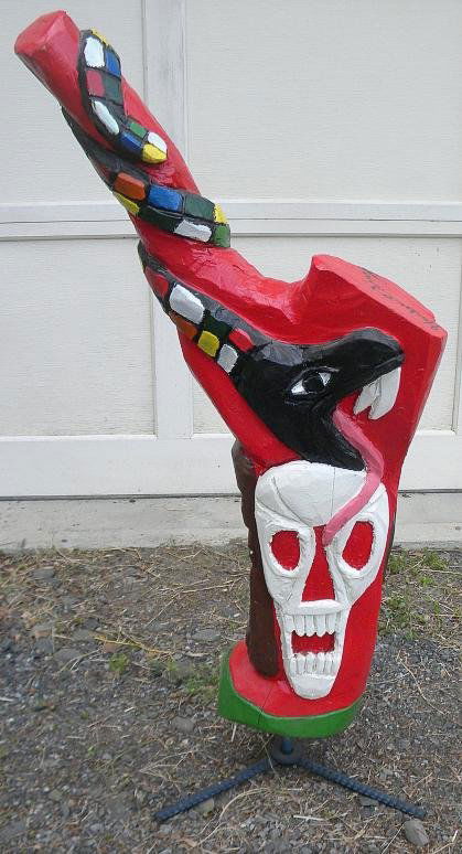 HERBERT SINGLETON Folk Art VOODOO Carving 35" Hig: From the collection of a well known NYC & Chicago art gallery owner, who retired a few years back. HERBERT SINGLETON Folk Art VOODOO Carving With Heads & Snake, measures 35" high, in very nice conditi