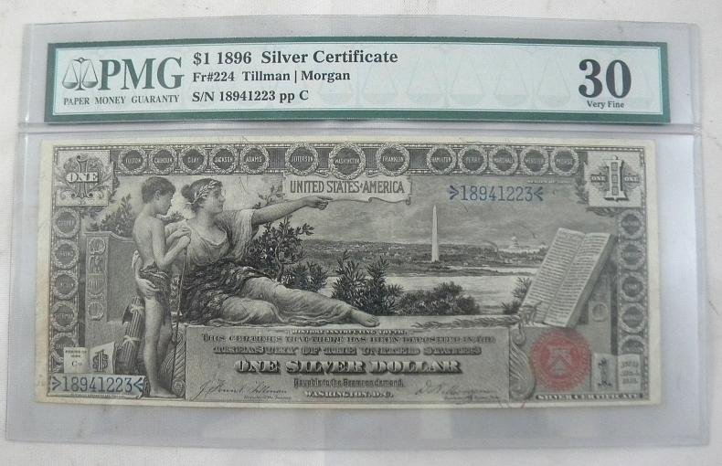 $1.00 1896 SILVER CERTIFICATE Large Bill Graded 3: $1.00 1896 SILVER CERTIFICATE Large Bill Graded 30 VF