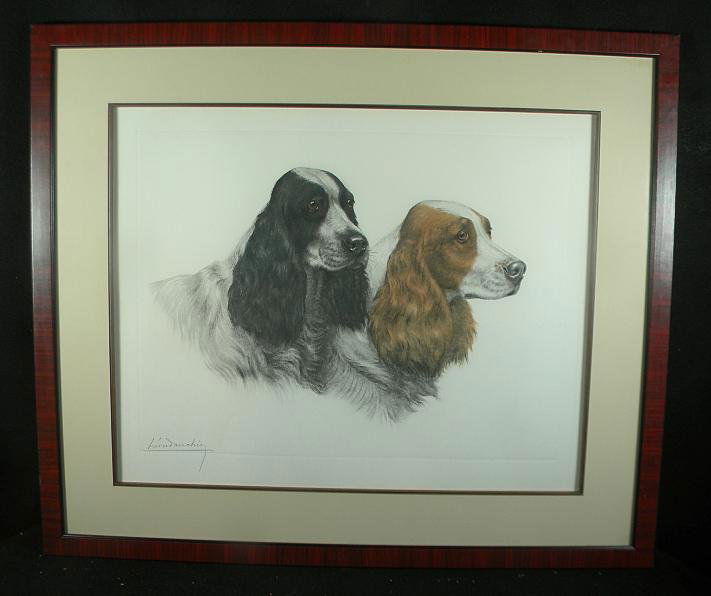 LEON DANCHIN Signed Etching Of 2 Spaniels: LEON DANCHIN Signed Etching Of 2 Spaniels, nicely framed and matted. Etching measures 19" x 23", frame measures 26" x 31". Léon Danchin (21 June 1887 - 4 August 1938) was a French artist known for hi
