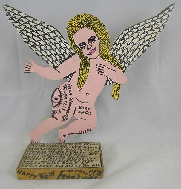 HOWARD FINSTER Baby Angel Painted Wood Cutout 19: HOWARD FINSTER Baby Angel Painted Wood Cutout, executed in 1990. Measures 10" high, from Phyllis Kind collection. Inscribed to Phyllis Kind.