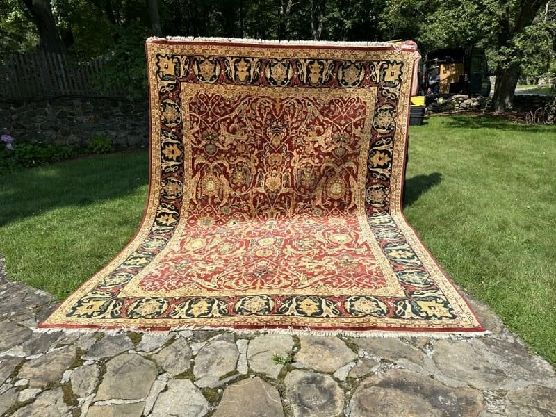 Large handmade wool oriental rug, from fine home in Chester, N.Y. Very nice condition, measures (1 of 4)