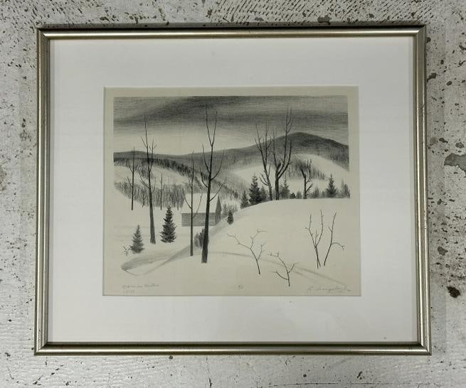 Robert Angeloch (1922-2011) signed lithograph titled ( Barn in Winter ). Number 4 of 4, dated 1951, (1 of 5)